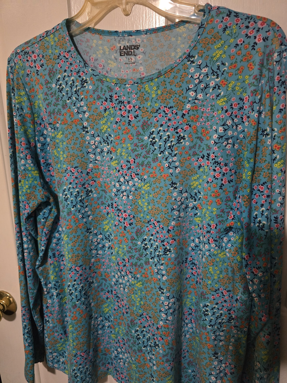 Lands' End Aqua Floral Long-Sleeve Tee